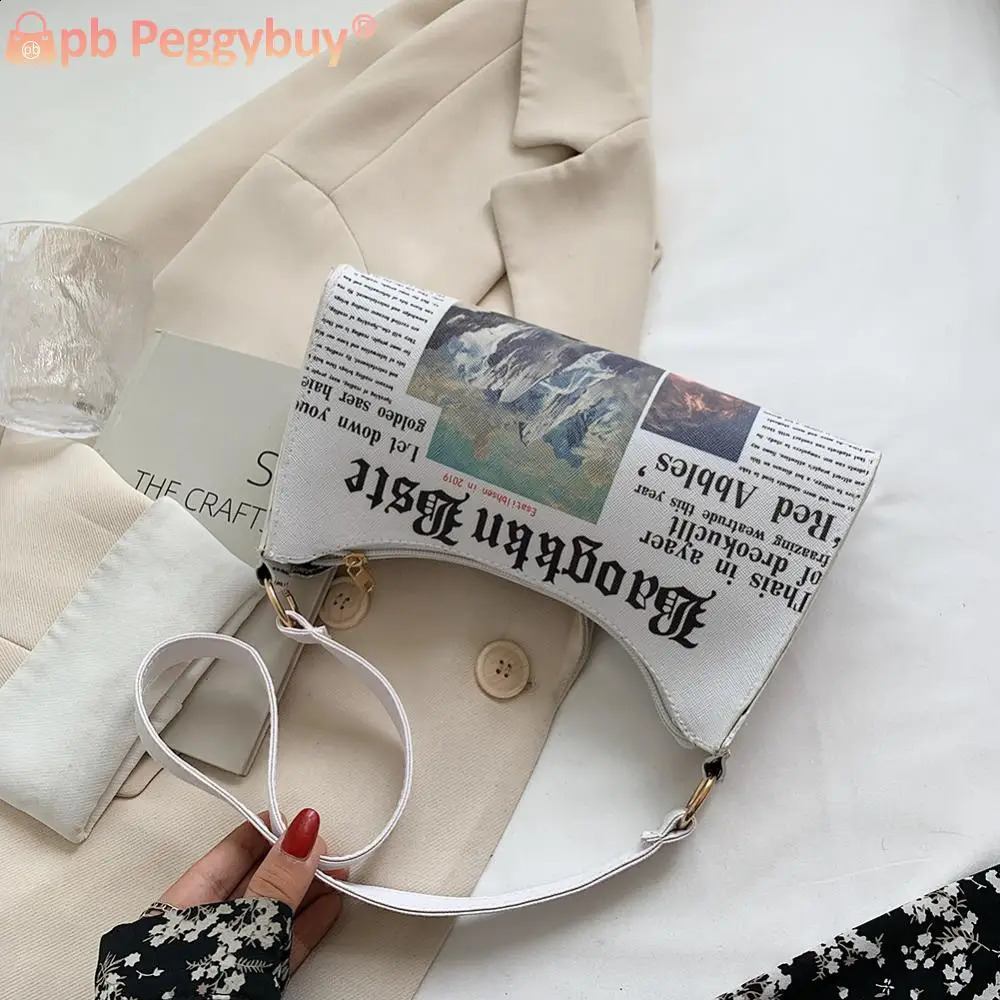 Retro Women Casual spaper Printing PU Underarm Bag Ladies Small Purse Handbag 240814