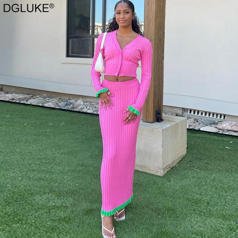 Knit Two Piece Set For Women Long Sleeve Cardigan Sweater And Maxi Skirt Sets Elegant Ruffle Birthday Party Night Club Outfit 240815