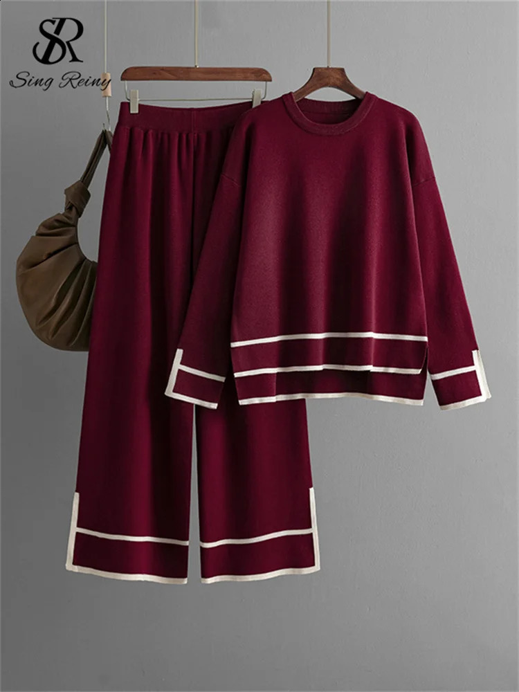 SINGREENY Fashion Knitted Set Womens Oneck Colorful Block Split TopHigh Waist Wide Leg Pants Casual Sweater 2PC 240809