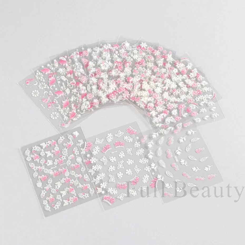 30Pcs Pink White Flowers Nail Sticker Set Sakura Cherry Cute Floral Decals Heart Moon Butterfly Sliders Nail Charms LA3D30set-01XJ240814