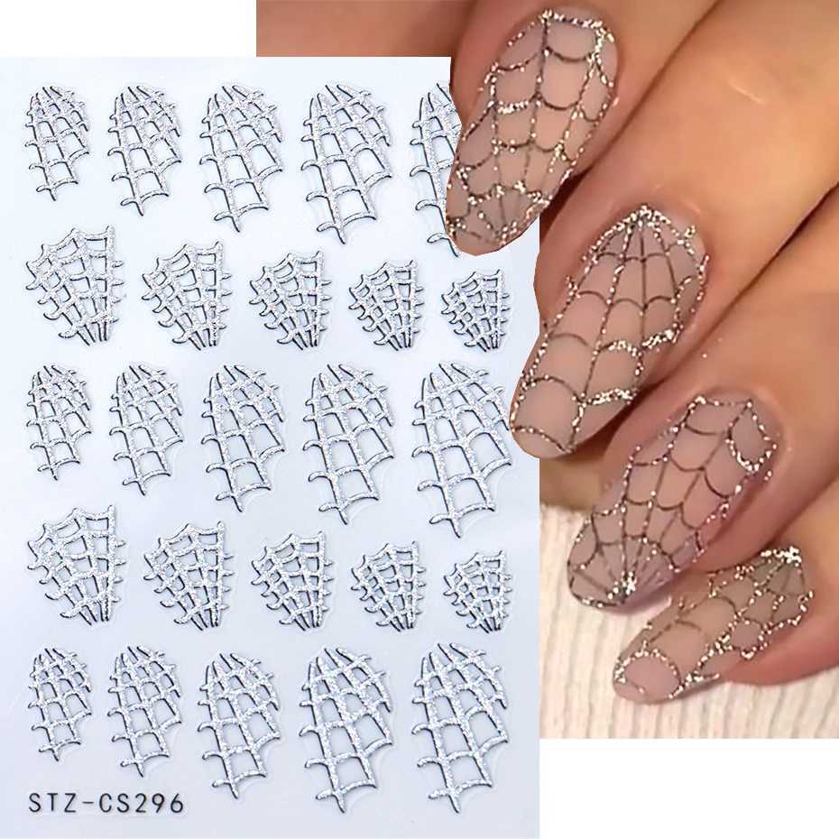 Spider Web Silver Glitter Nail Art Stickers Decals Self-Adhesive Spider Love Heart Shimmer 3D Halloween Nail Stickers SuppliesXJ240814