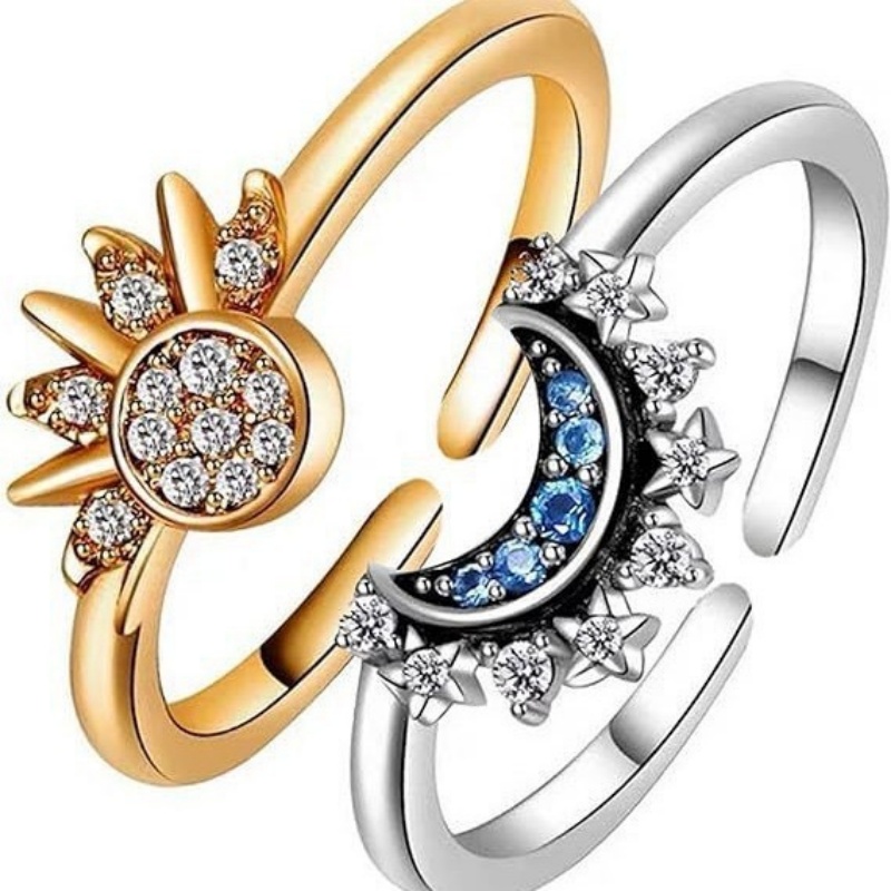 Designer ring cross-border burst paragraph Europe and the United States hot sale simple shiny sun moon blue diamond stacked celestial couple open ring