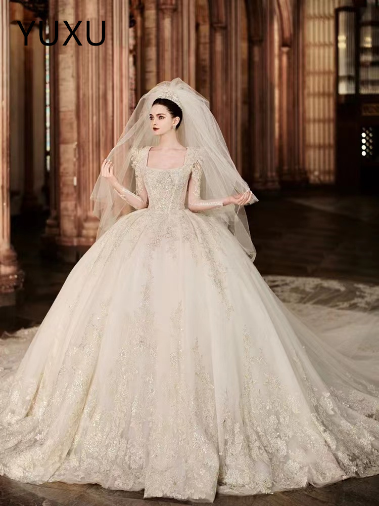 White Wedding Dresses Ivory Bridal Gowns princess ball gown Applique Custom sexy heart backless Plus Size New sweep trrain Long Sleeve Illusion square