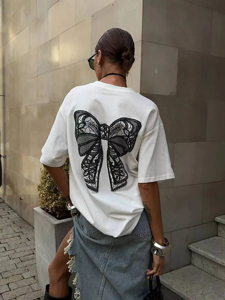 Cotton medium length summer Tshirt streetwear plus size Harajuku BF loose white printed short sleeved 240814