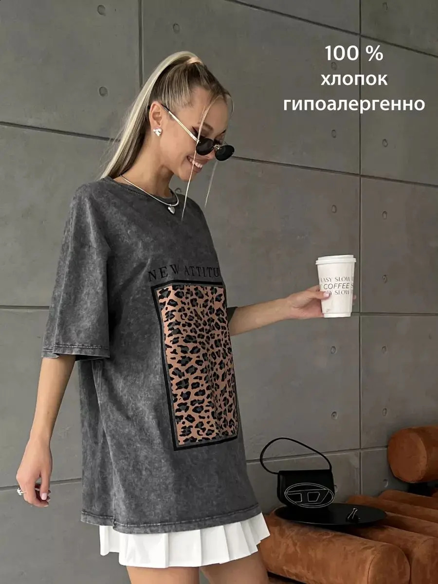 Cotton womens Tshirt attitude fashion leopard print top loose Oneck oversized short sleeved Y2k clothing 240814