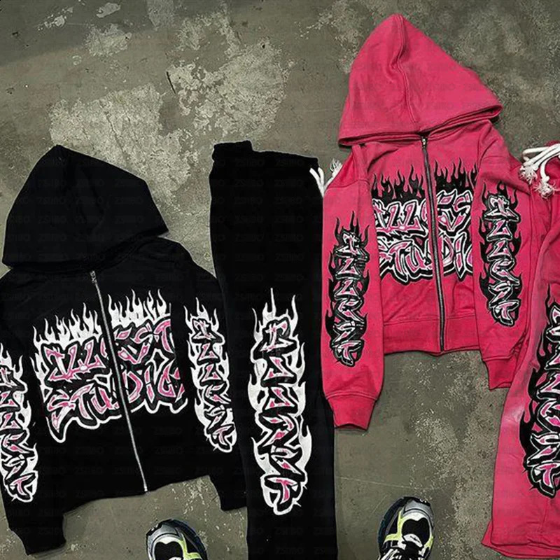 Y2k Vintage Black Creative Pattern Hoodie Fashion Loose Oversized Hooded Sweatshirt Gothic Streetwear Men Women zipper Clothes 240809