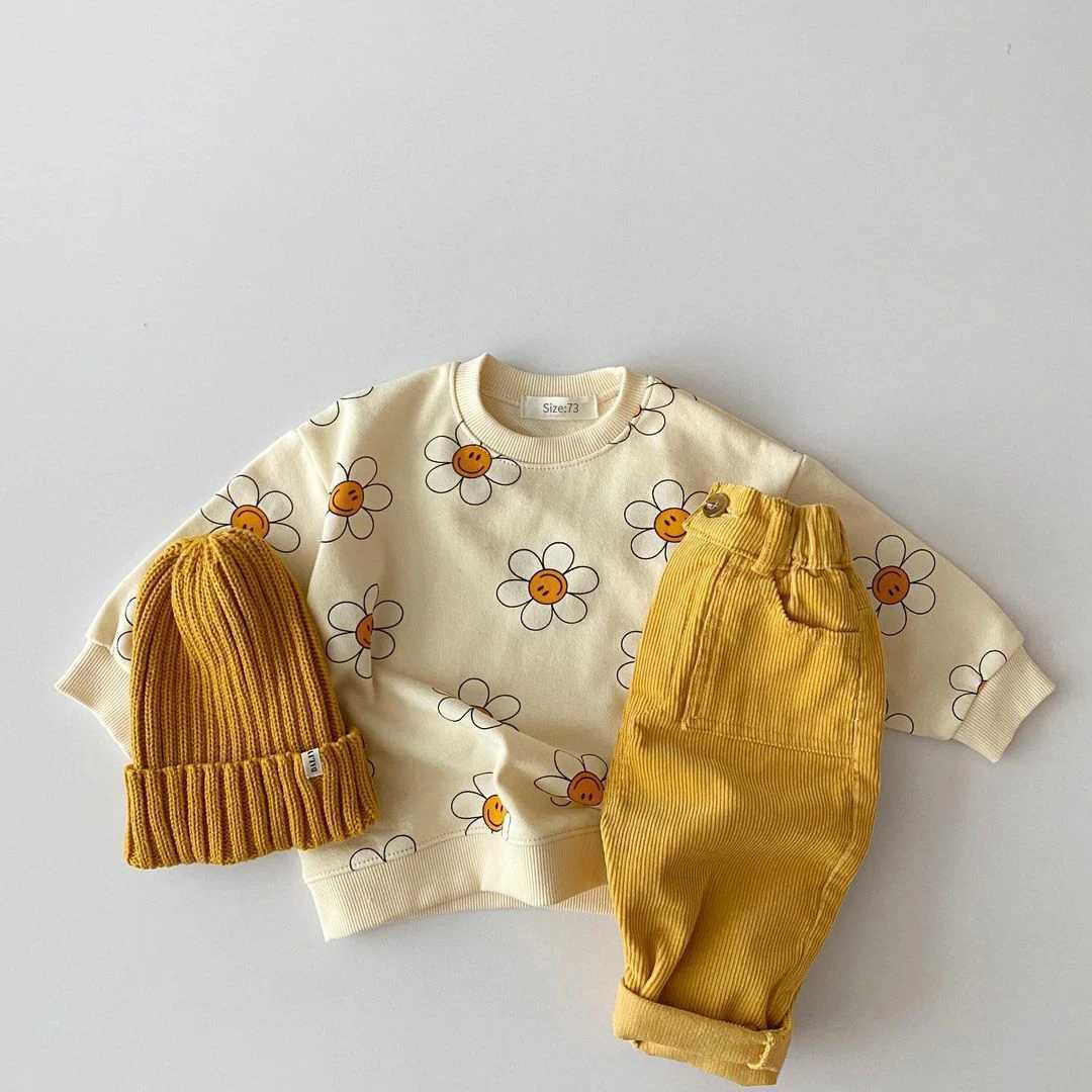Clothing Sets 2024 Baby Girls Clothes Hoodies O-Neck Toddler Girls Flower Smiling Face Sweatshirts Oversize Casual Boys Outwear Casual Hoodie