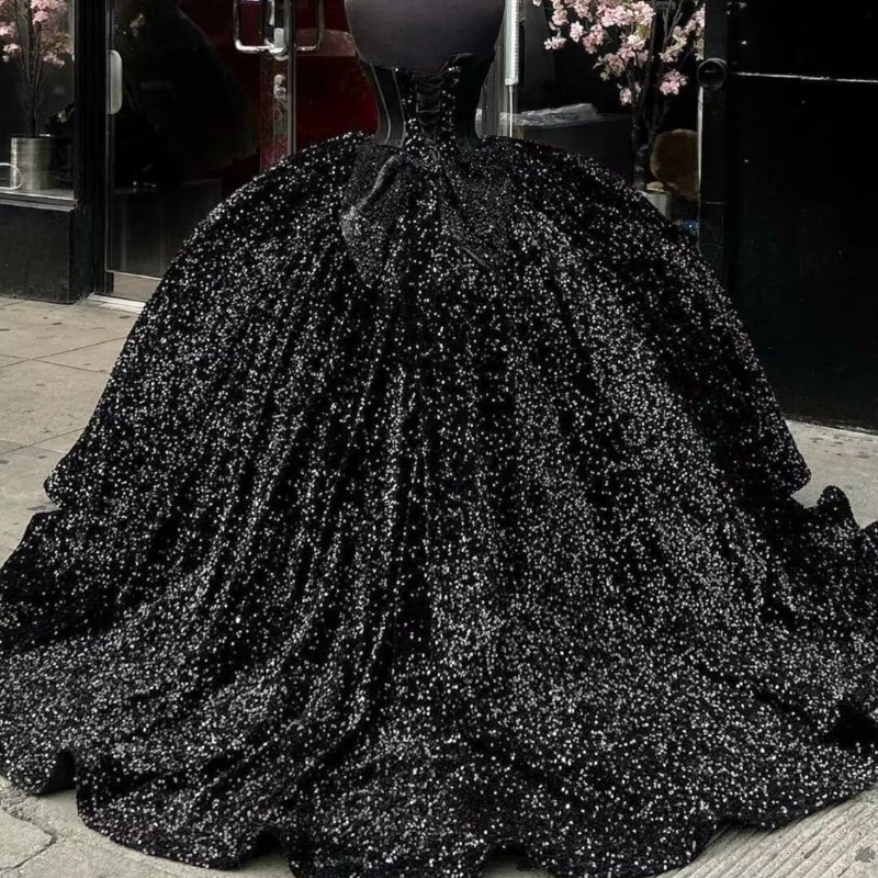 Black Shiny Quinceanera Dresses Ball Gown 2024 Off Shoulder Sequined Sweet 16 Birthday Party Formal Dress Vestidos De 15 Anos