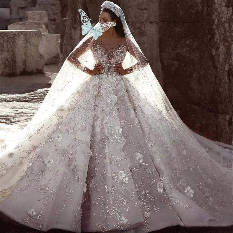 Luxury Dubai Arabic Beading Wedding Dress New Fashion Lace Ball Gowns Long Sleeves Floral Bridal Gowns