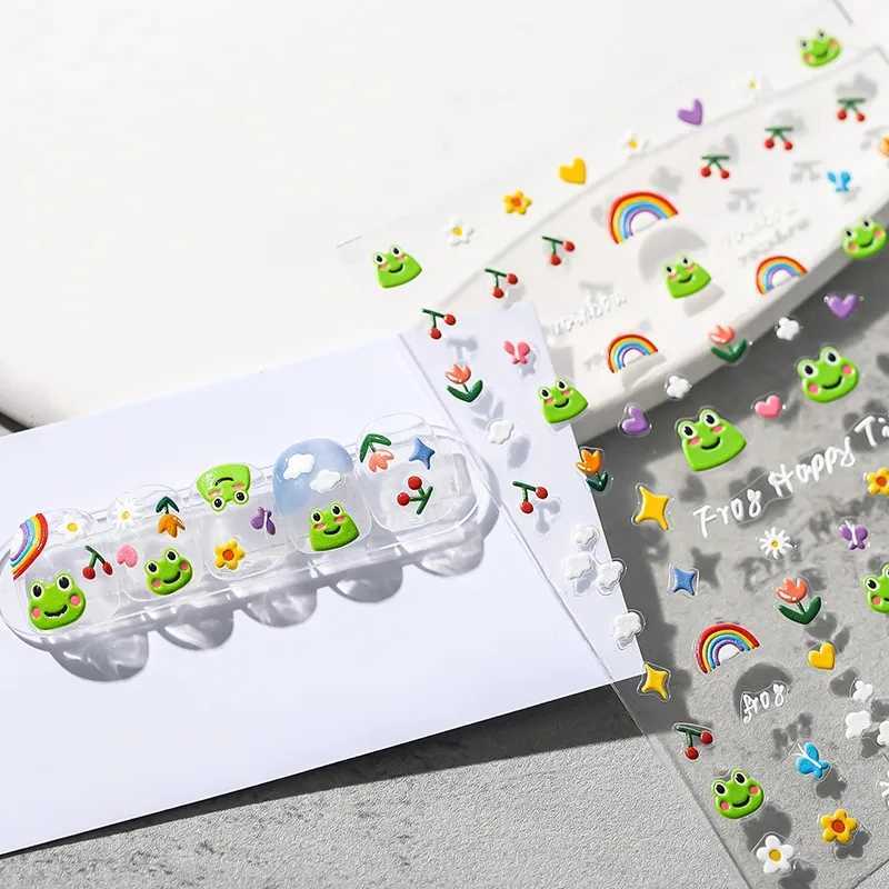 1pcs Cute Cartoon Nail Art Stickers 5D Embossed Frog Cherry Rainbow Self Adhesive Slider For Nails DIY Nail Charms Kawaii DecalaXJ240814