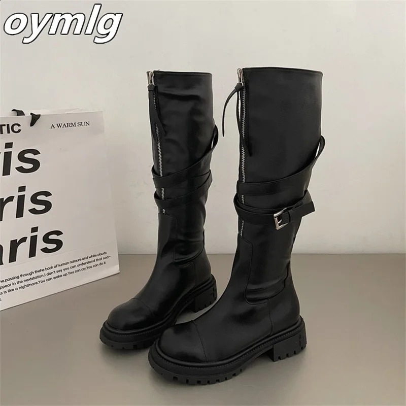 Autumn Knee Boots Womens Belt Buckle Thick Bottom Motorcycle Rider Boots Long Sleeve Fashion Boots 240821