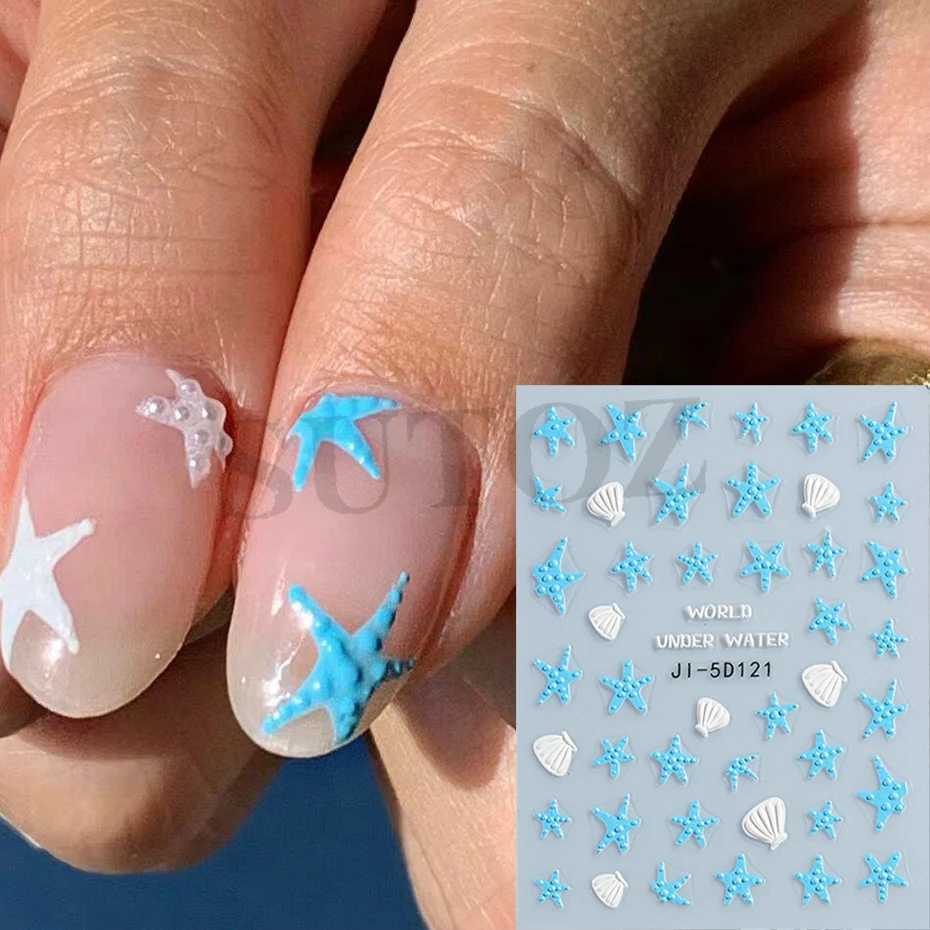 Summer Starfish 5D Embossed Nails Stickers Ocean Sea Shells Blue White Relief Marine Sea Stars Design Manicure Ornaments #JI-5DXJ240814