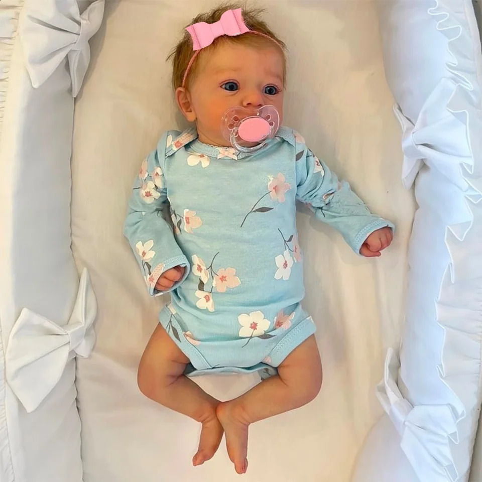46CM Finished Reborn Baby Doll Felicia born Open Blue Eyes Doll Soft Hand-Rooted Hair 3D Skin Tone Visible Veins Gift Toy 240808