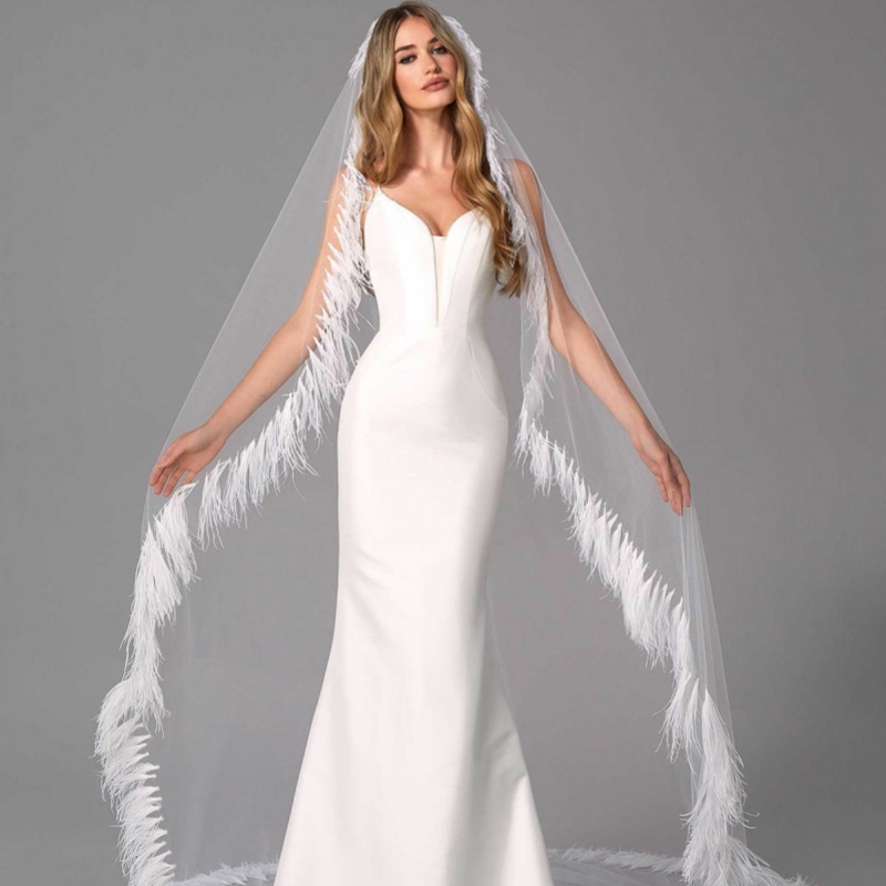 Luxury Wedding Veil Feather One Layer Long Cathedral Length Veils Applique Edge Custom Made Bridal Accessories High Quality