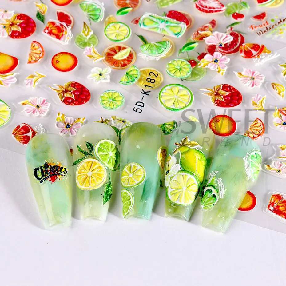 Lemon Fruit Nail Stickers 5D Cherry Embossed Summer Strawberry Peach Watermelon Sliders DIY Acrylic Decals Manicure DecorationsXJ240814