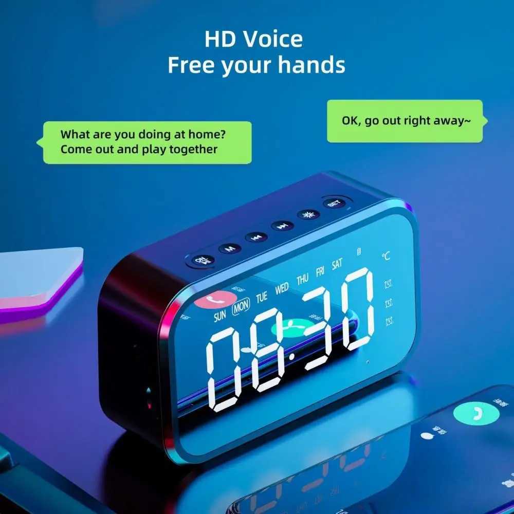 Rechargeable Digital Alarm Clock TEMP Week 3 Alarms FM Radio LED Table Clock Stereo Sound TF Card Playback Wireless SpeakerM240814