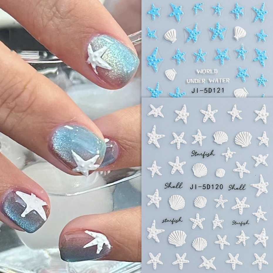 Summer Starfish 5D Embossed Nails Stickers Ocean Sea Shells Blue White Relief Marine Sea Stars Design Manicure Ornaments #JI-5DXJ240814