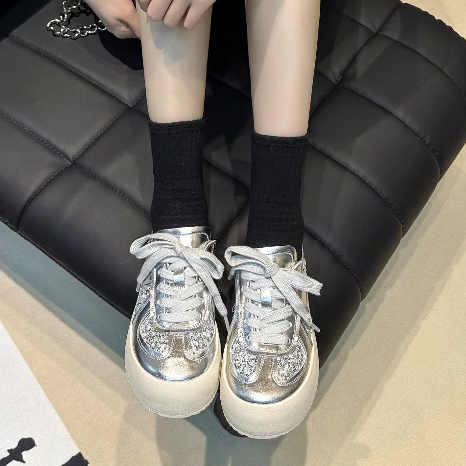 Women shoes Fashion Breathable Thick Sole Casual Shoes Lace Up Silver Free shipping