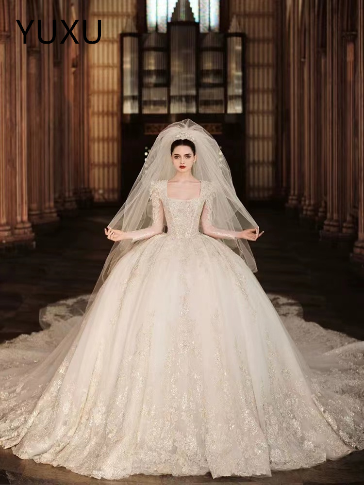 White Wedding Dresses Ivory Bridal Gowns princess ball gown Applique Custom sexy heart backless Plus Size New sweep trrain Long Sleeve Illusion square