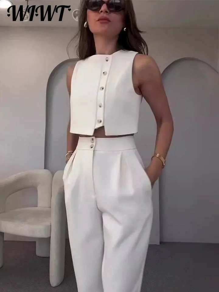 Casual Single Breasted Vest Pants Set Women Elegant Sleeveless O-neck Tank Top Slim Pencil Trousers Lady 2-Piece Outfit 240815
