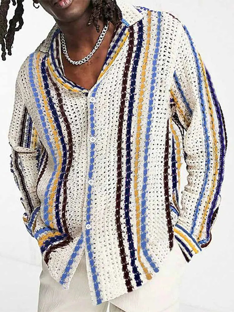 Casual Contrast Knitted Striped Sweater Cardigan Mens Fashion Long Sleeve Single Breasted Knit Coat Male Beach Hollow Out Coat 240814