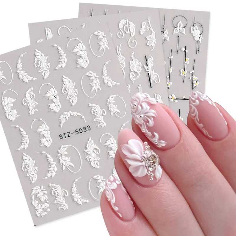 5D Acrylic Flowers Nail Stickers Decals White Lace Wedding Design Simple Floral Embossed Sliders DIY Nails Accesories LASTZ-5D33XJ240814