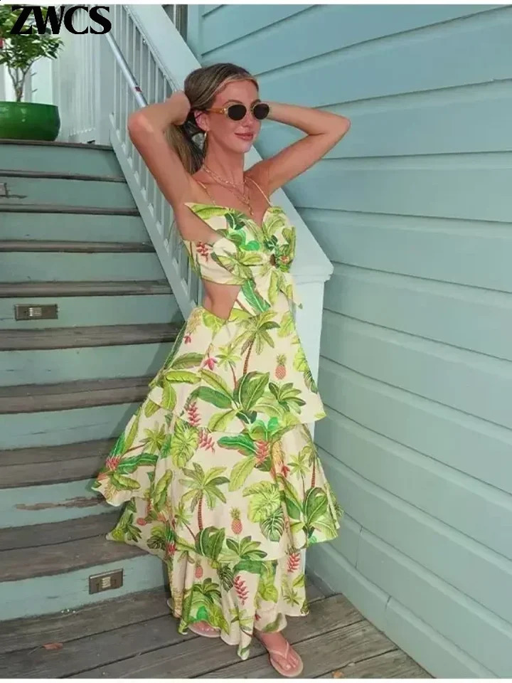 Elegant 3D Flower Ruffles Sling Dresses Women Sexy Hollow-out Pleated Sleeveless Backless Midi Dress 2024 Summer Lady Cake Robes 240814