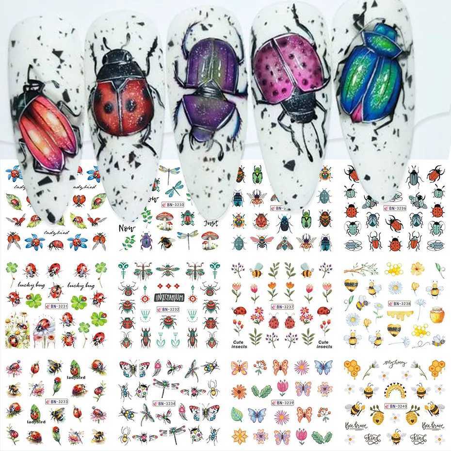 12pc Cute Ladybugs Water Decals 3D Kawaii Insect Butterfly Bee Nail Stickers Cartoon Leaves Flowers Watercolor Nail Slider DecorXJ240814