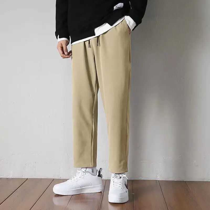 2024 Summer New Mens Trouser Elastic Mid Waist Drawstring Pocket Solid Color Loose Comfortable Casual Straight PantsW240725