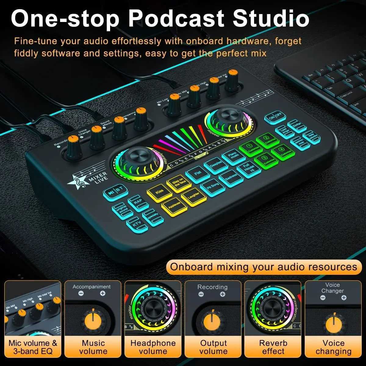 Game audio mixer streaming media mixer with audio interface BT soundboard voice converter sound card suitable for PC mobile live streaming B240815