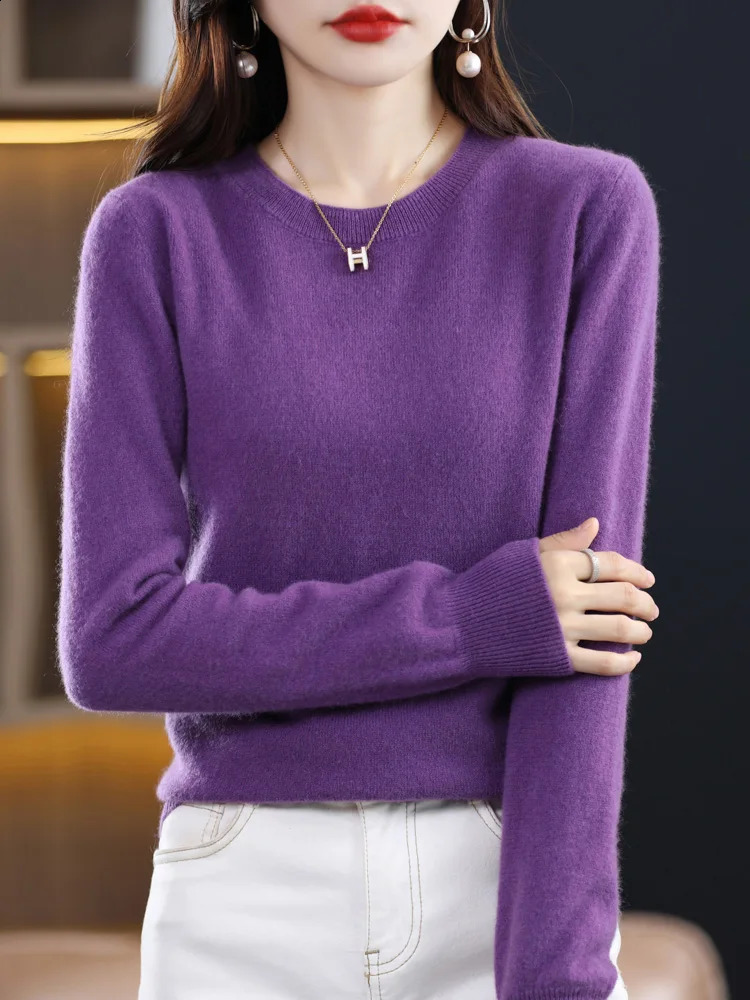 100% Merino Wool Sweater Womens Cashmere Flower Knitted Autumn Oneck Solid Color Fashion Basic Top 240814