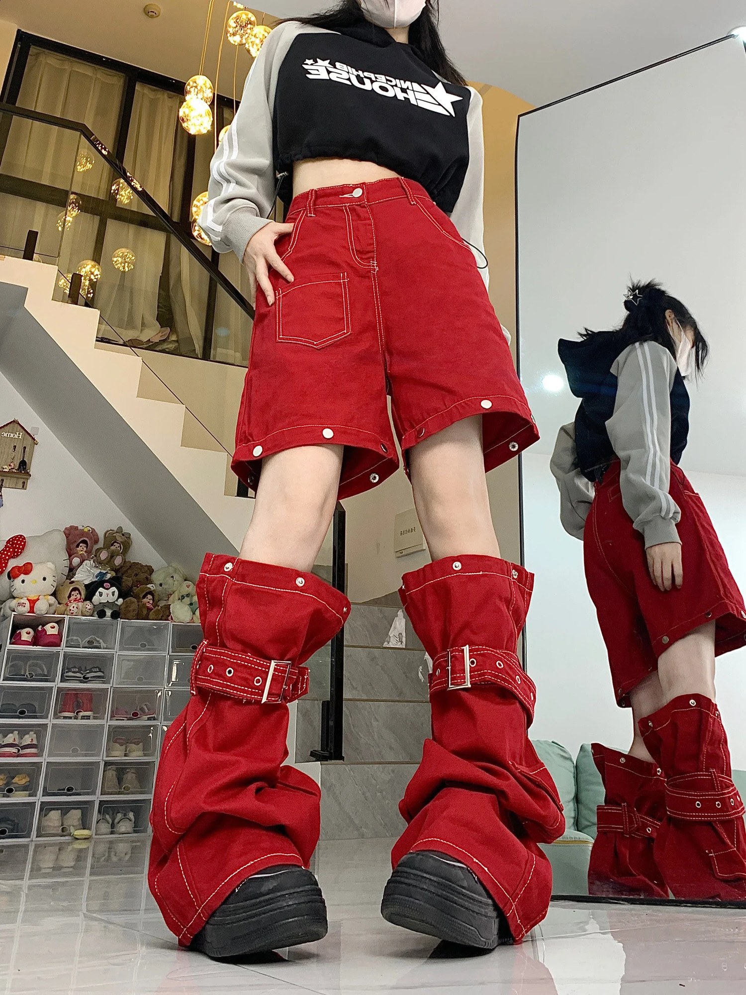 Chic Hip-hop Women Red Cargo Pants 2-In-1 Detachable Baggy Jeans Y2k Wide Leg Trousers 90s Retro Streetwear 240815