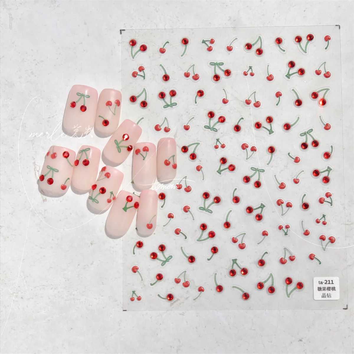 1pcs 5D Luxury Red Pink Yellow Cherry Nail Art Stickers Sweet Kawaii Fruit Nail Decoration Decals Adhesive Transfer Slider DIYXJ240814