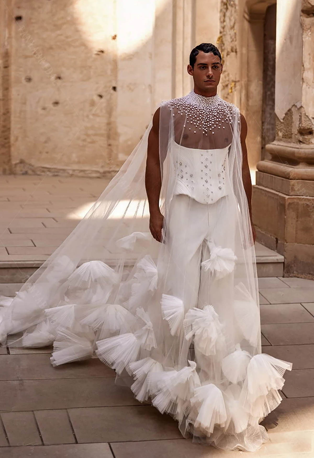 Attractive Long Wedding Wrap Pearls 3D Appliques Tulle High Neck Bride Shawl For Strapless Bridal Dress High Quality Custom Made