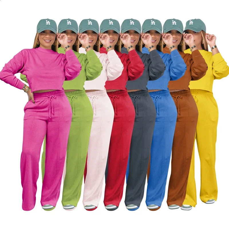 Solid Sport Fitness casual track and field clothing womens twopiece set long sleeved top drawstring sweatpants matching jogging 240809