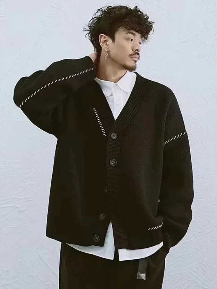 Mens Clothing Japanese Retro Cardigan Knit Sweater Male Coat Jacket Patchwork Black Long Sleeve 100% Sweat-shirt Baggy Street AXJ240814