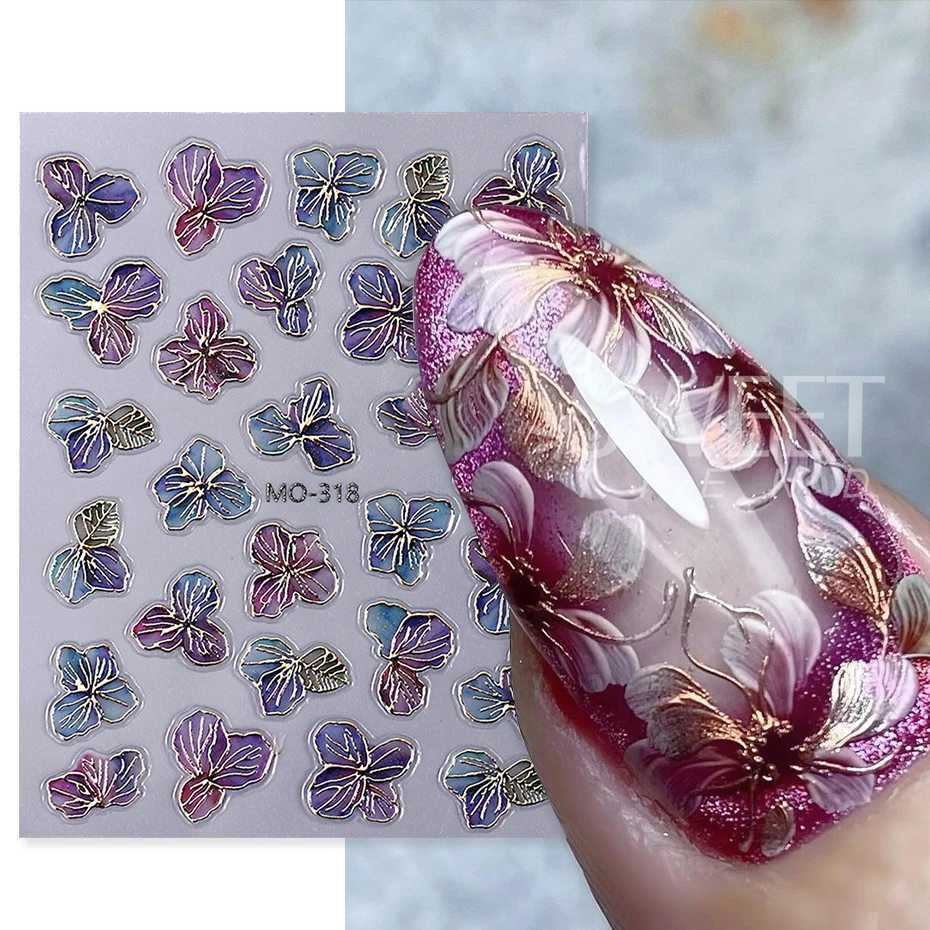 Holographic Purple Flowers Nail Sticker Metallic Blooming Floral Gradient Design Adhesive Decal DIY Charm Elegant Manicure FoilsXJ240814