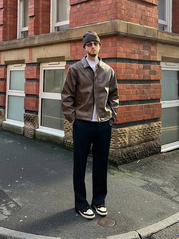 Vintage Walnut Vegan Leather Jacket 2024 Sutumn Lapel Long Sleeve Loose Overcoat Male Casual Pocket Faux Leather Coat Mens Top 240814