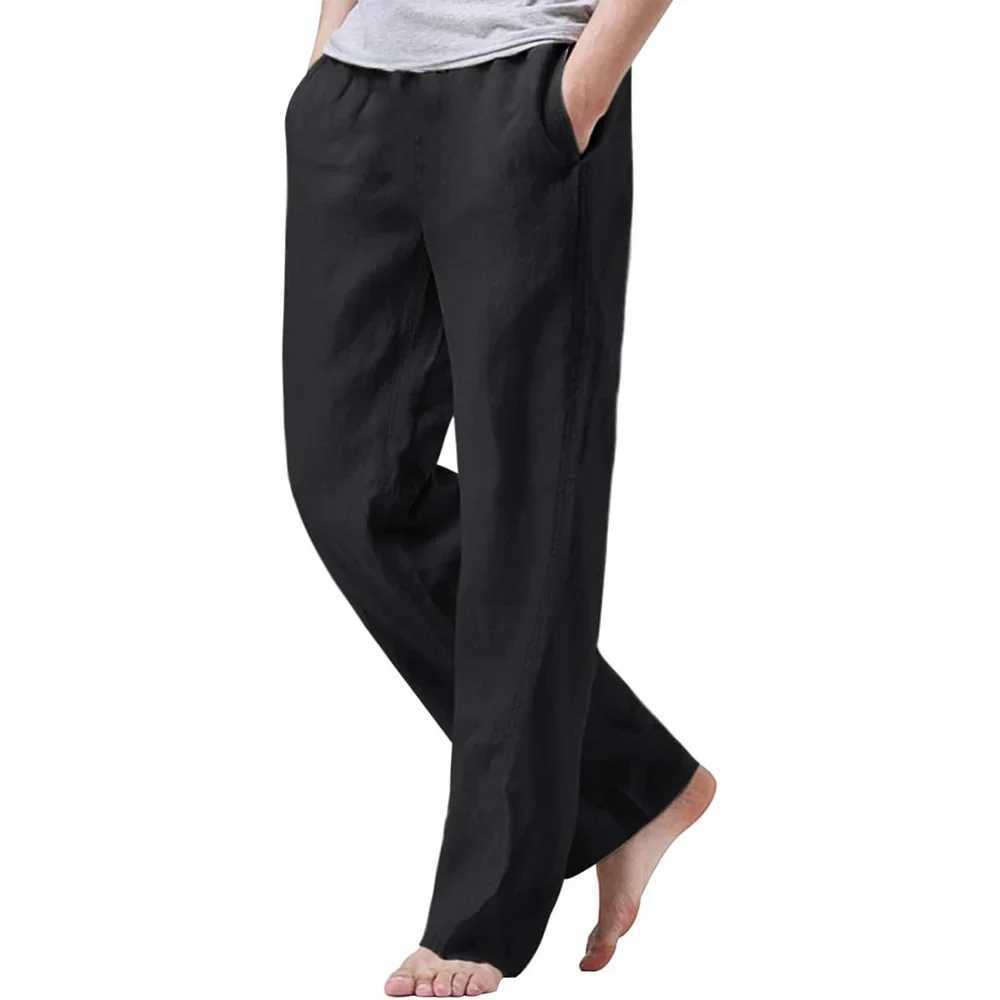 Mens cotton linen breathable drawstring pants with elastic waist casual jogging yoga pants beach bag loose Trouser mens sports pantsW240725 1 W250318