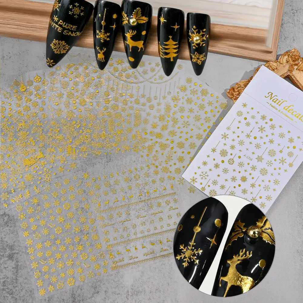 3D Gold Glitter Snowflake Nail Sticker Winter Reflective Elk Star Balloon Christmas Tree Foil Xmas New Year Decal Tips DecoratioXJ240814