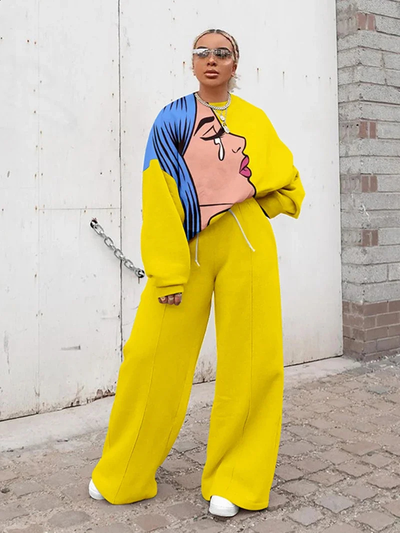 Super sized track suit womens twopiece pants set autumn clothing cartoon printed zipper sports shirt wide leg 240809