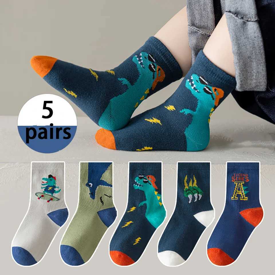 5 pairs of casual cute cartoon dinosaur knitted socks soft and comfortable breathable socks for boys and girls accessories W240814
