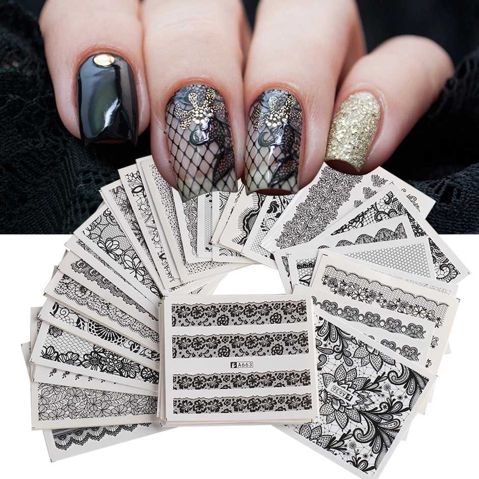 24pcs/set Black White Lace Flowers Nails Water Stickers Set Sexy Design Transfer Sliders Wedding DIY Charm Decoration LEA577-624XJ240814