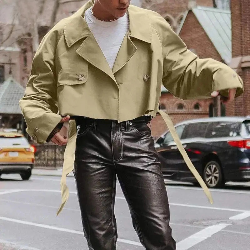 Fashionable Mens Crop Jackets Fall Vintage Y2K Loose Long Sleeve Short Jacket For Men Stylish Solid Color Turn-down Collar Coats 240809