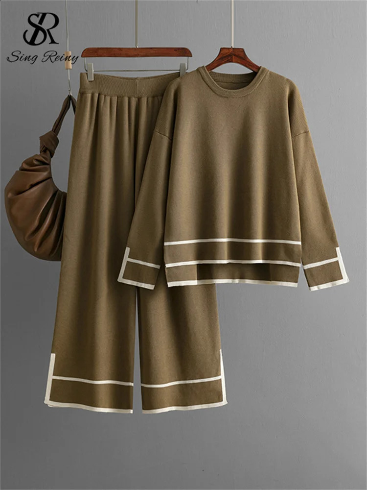 SINGREENY Fashion Knitted Set Womens Oneck Colorful Block Split TopHigh Waist Wide Leg Pants Casual Sweater 2PC 240809