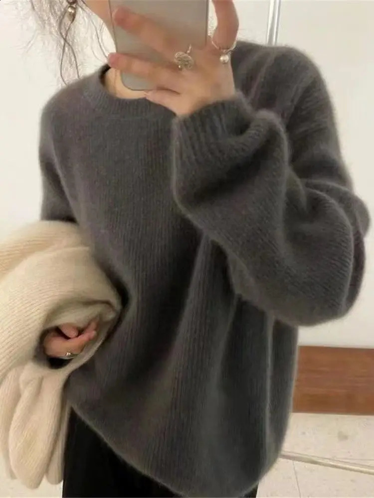 AutumnWinter Round Neck Cashmere Sweater Womens Thick Grey Wool Moher Soft Knitted Long Sleeve Floral Basic Top 240814