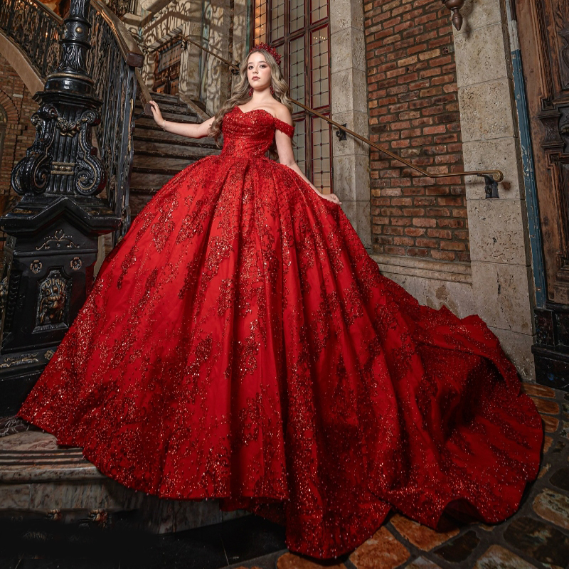 Red Shiny Quinceanera Dressess 2024 Off The Shoulder Beads Crystal Lace Tull Ball Gowns Sweet 16 Dress Vestidos De 15 Anos