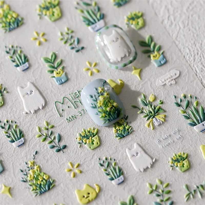 1Pcs Lovely Cat Green Potted Plant Flowers Nail Stickers 5D Reliefs Self Adhesive Nail Art Stickers Manicure Decorations DecalsXJ240814