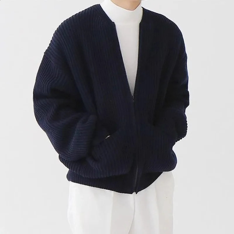 Mens Solid Color Slim-Fit Cardigan Zipper Sweater Autumn and Winter Sweater Coat Top Men Long Sleeve Stand Collar Sweater Coat 240816