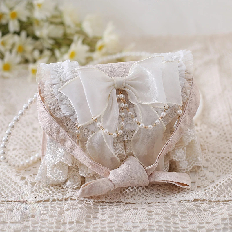 Women Tender Lolita Kawaii Bow Crossbody Bag Japanese Ins Girls Sweet Casual Chain Handbags Elegant Fairy Lace Shoulder Bags Y2k 240815